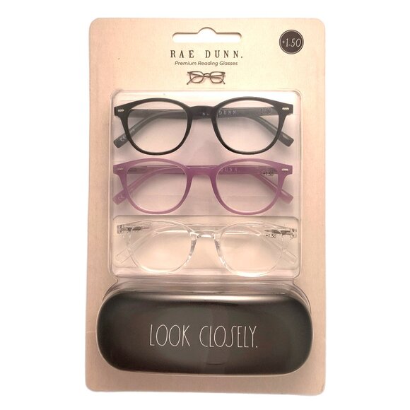 Rae Dunn Premium Reading Glasses Set of 3 With Case +1.50 Black Clear Purple NWT - Picture 2 of 6